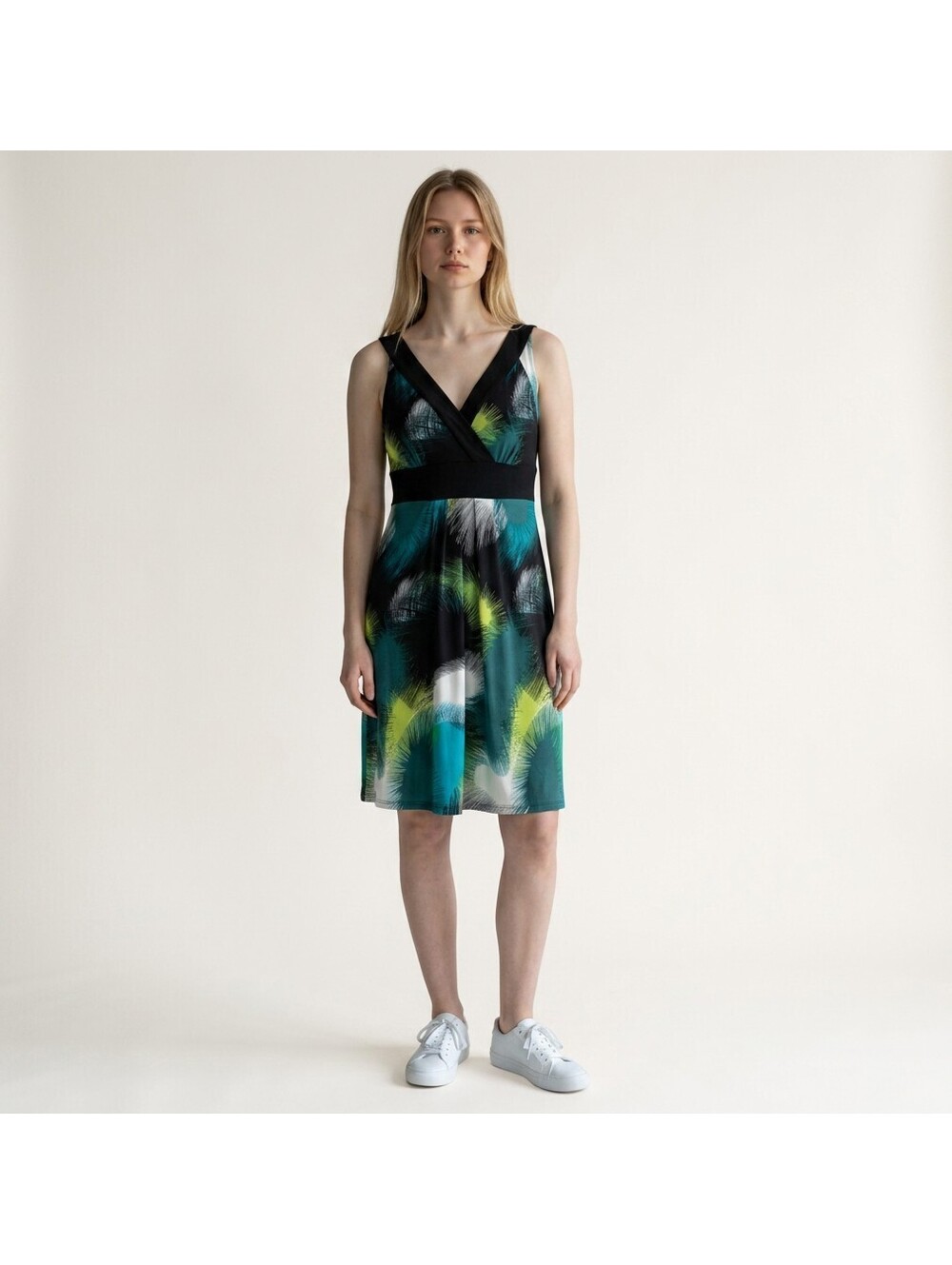 Axcess Dress Women L Large Blue Colorblock Shift Midi V-Neck Sleeveless Casual